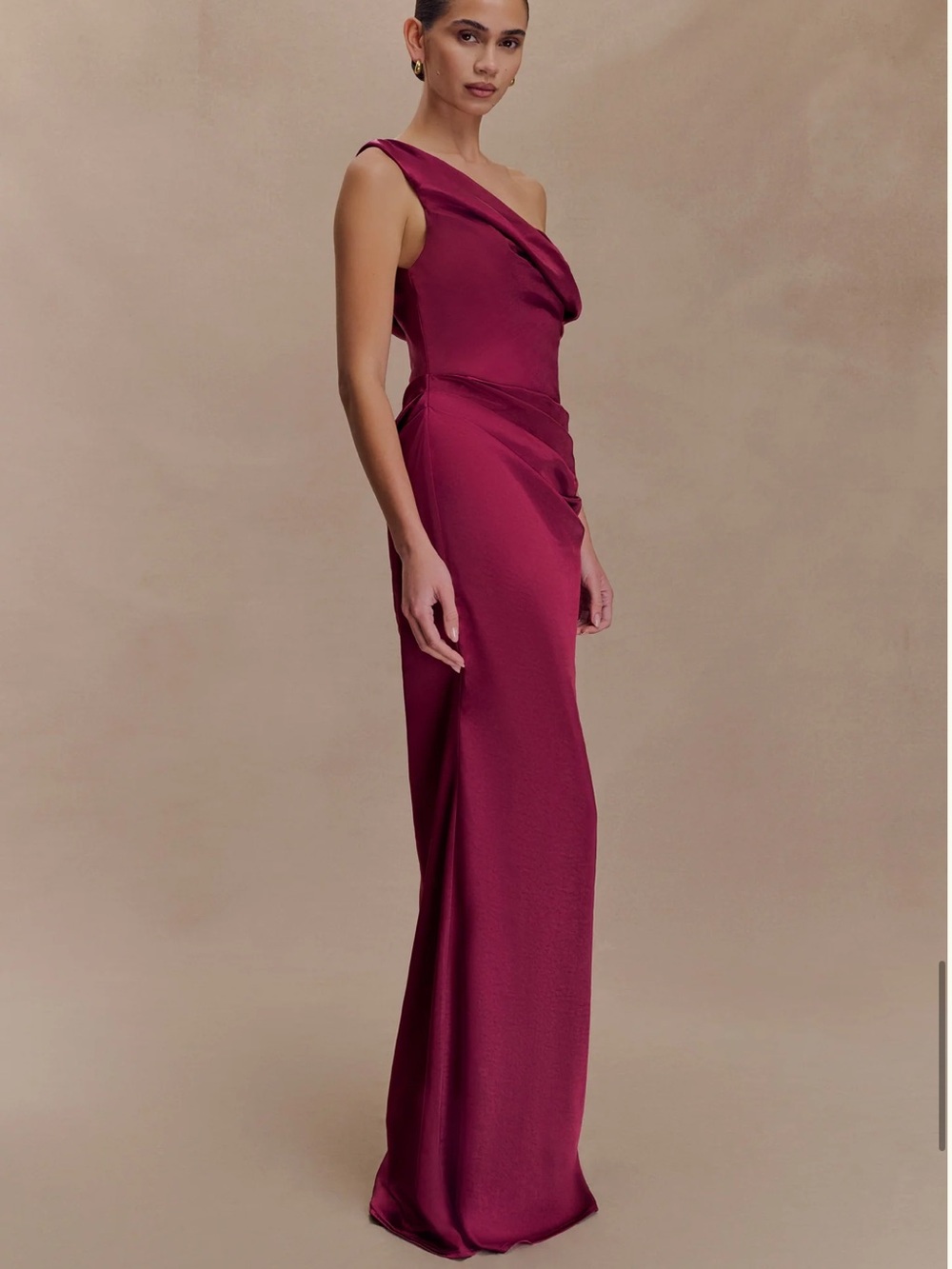 NWT Meshki One-Shoulder Satin Maxi Dress in Mahogany - Picture 5 of 7